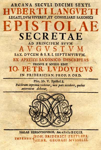 Languet, Epistolae secretae, frontispice