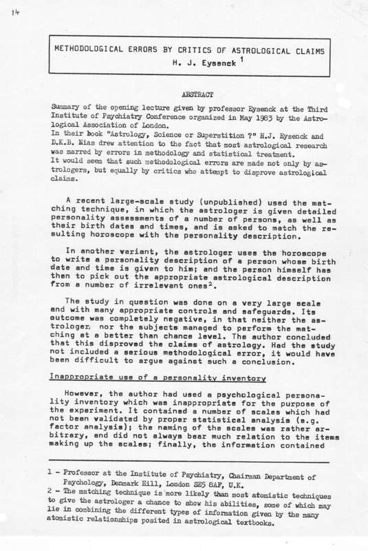 Hans Eysenck, Methodological Errors by Critics of Astrological Claims, APP 1.4, 1983
