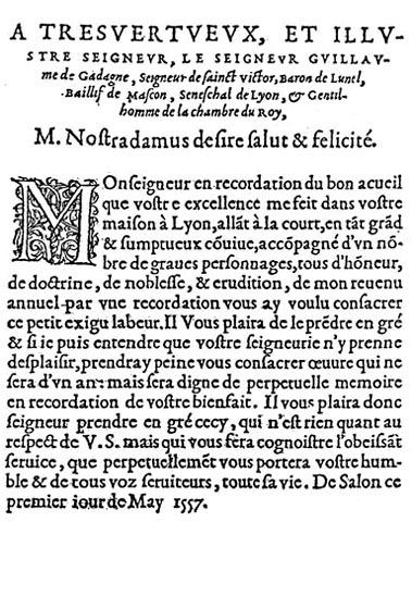 Nostradamus, Pronostication pour l'an 1558, Paris, Le Noir, [1557], f.A1v