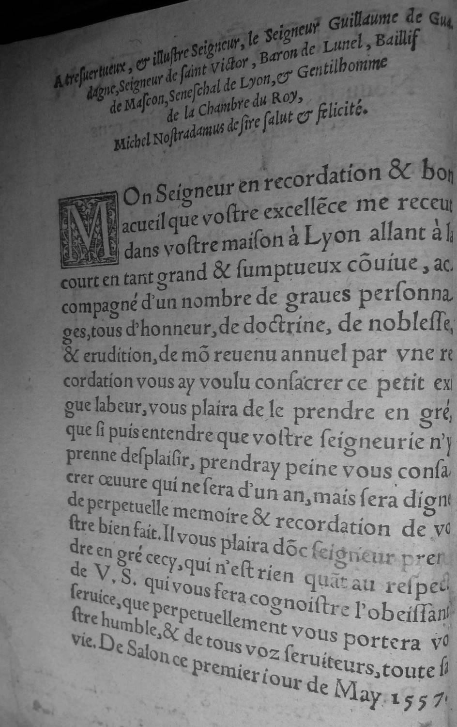 Nostradamus, Pronostication pour l'an 1558, Lyon, Jean Brotot et Antoine Volant, f.A1v