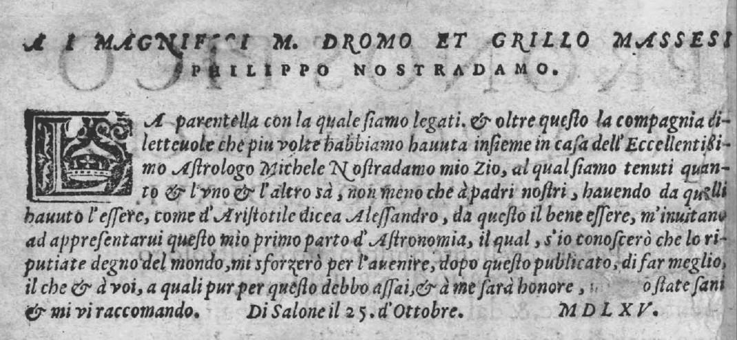 Pronostico o vero giudicio sopra l'anno 1566, dédicace