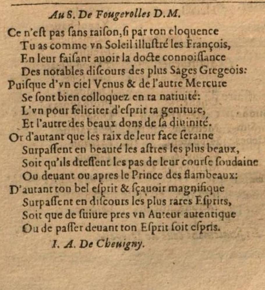 alexandrins signs I. A. de CHEVIGNY, in Fougerolles 1601