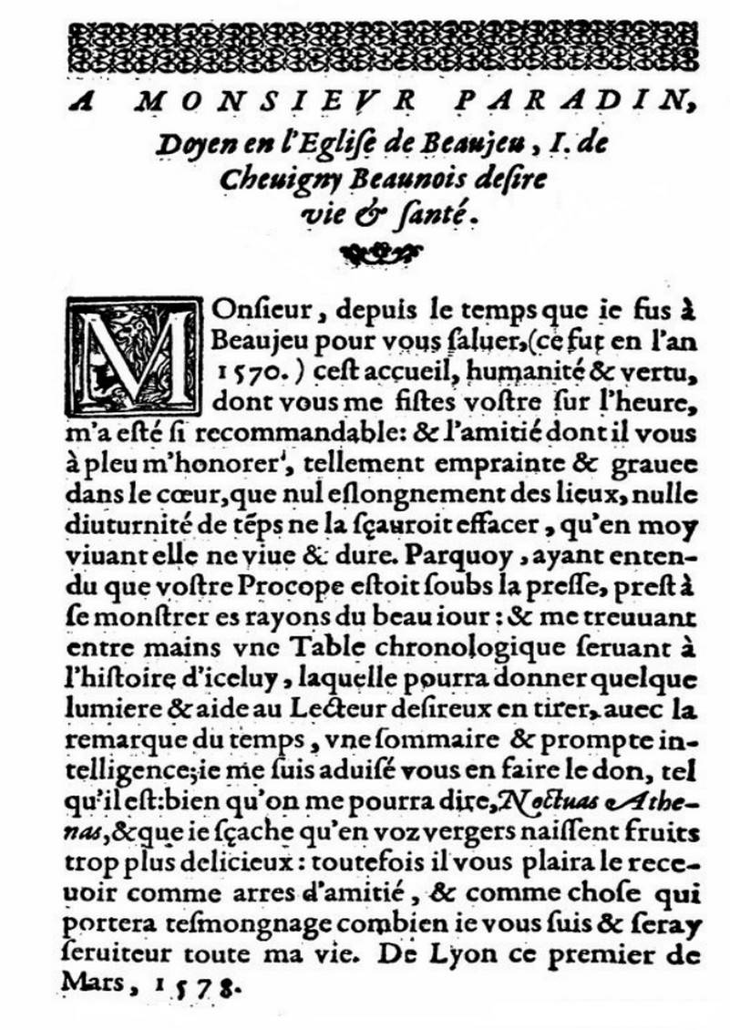 Lettre de Chevigny  Paradin, 1578